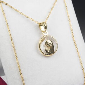 Conjunto Oro 18K Cadena Singapur + Dije Virgen Niña Cristal de Roca