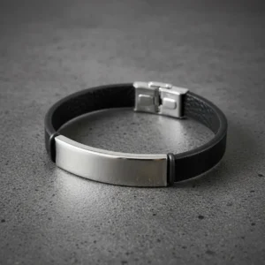 Pulsera Acero Y Cuero Para  Grabar de Hombre