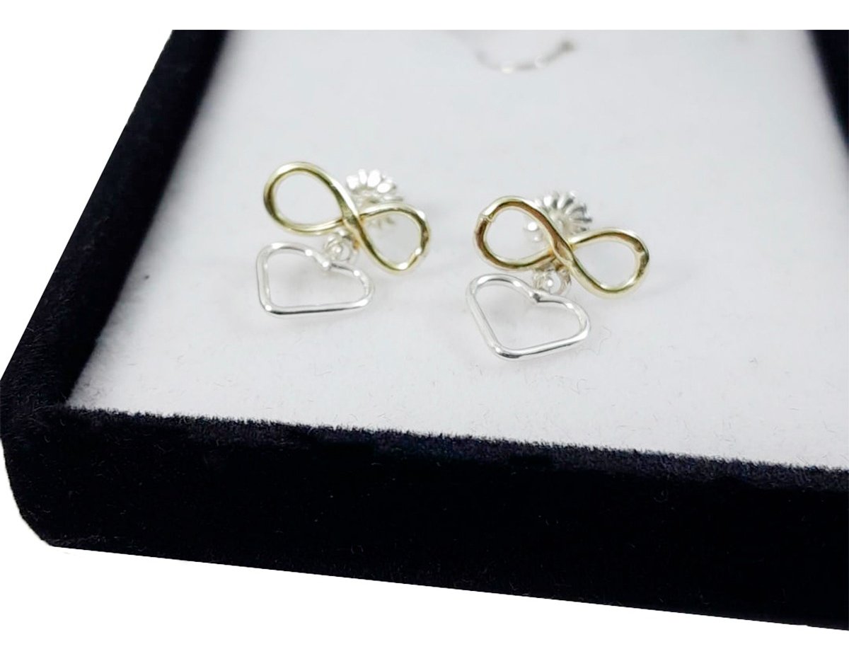 Par De Aros Infinito Y Corazón Colgante Plata 925 Y Oro - Imagen 2