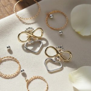 Par De Aros Infinito Y Corazón Colgante Plata 925 Y Oro