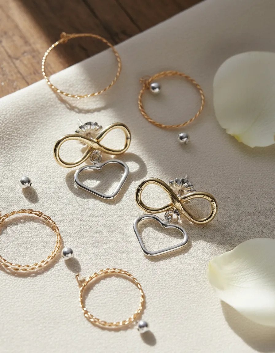 Par De Aros Infinito Y Corazón Colgante Plata 925 Y Oro