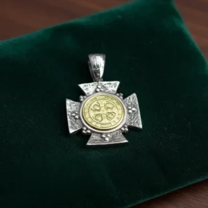 Dije Medalla Religiosa San Benito Plata 925 Y Oro 18k