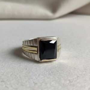 Anillo Sello Con Piedra Cuadrada De Hombre Plata 925 Y Oro