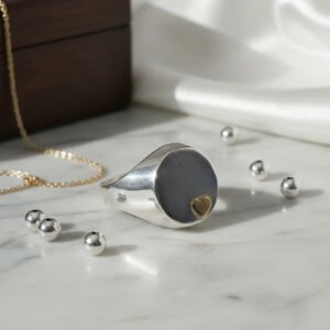 Anillo Sello Corazon Hueco Plata 925 Y Oro Oval C/aplique