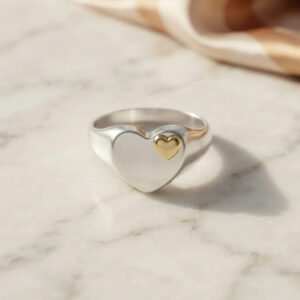 Anillo Sello Corazon Hueco Plata Y Oro Aplique Corazon
